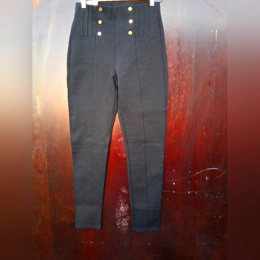 Black High-Waisted Pants with Gold Buttons